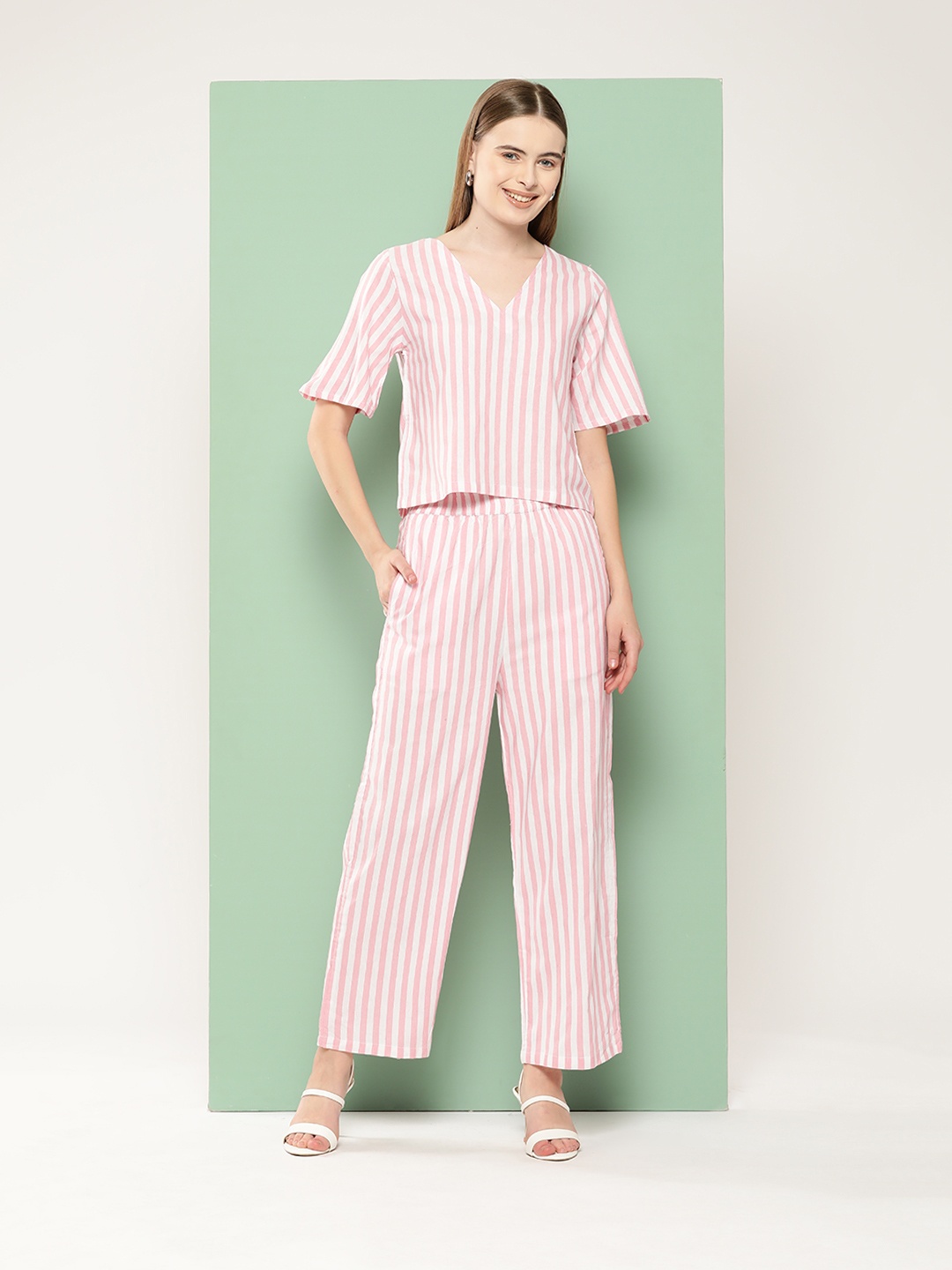 

BROOWL Women Striped Pure Cotton Co-Ords Set, Pink
