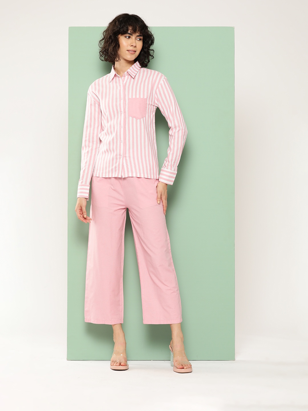 

BROOWL Women Striped Pure Cotton Co-Ords Set, Pink