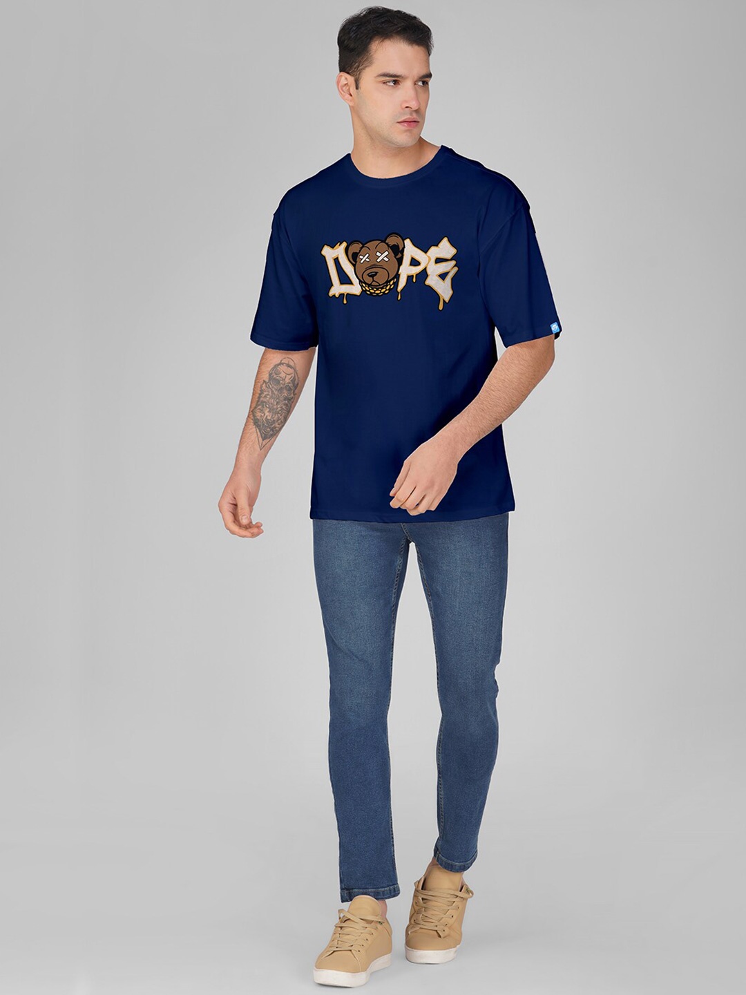 

Crazymonk Typography Printed Oversized Cotton T-shirt, Navy blue