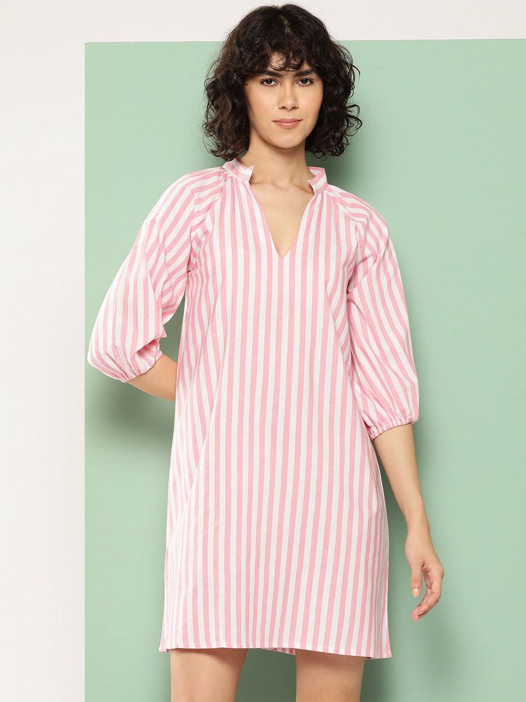 

BROOWL Striped Puff Sleeve A-Line Dress, Pink