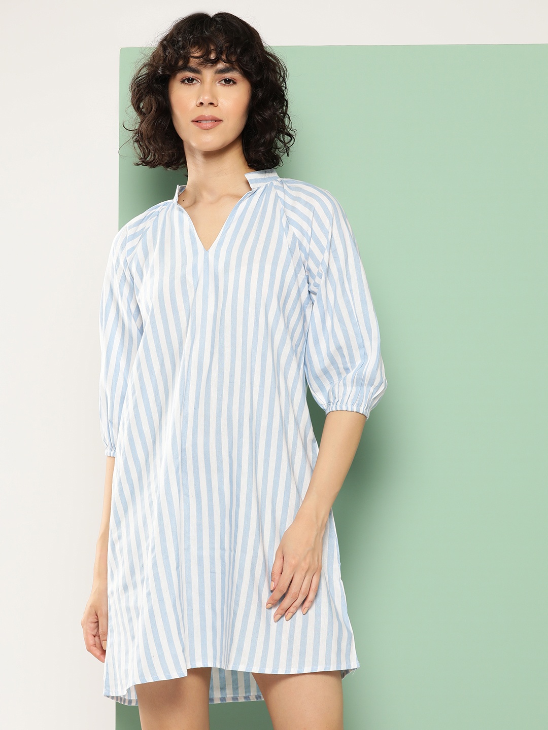 

BROOWL Striped Puff Sleeve A-Line Dress, Blue