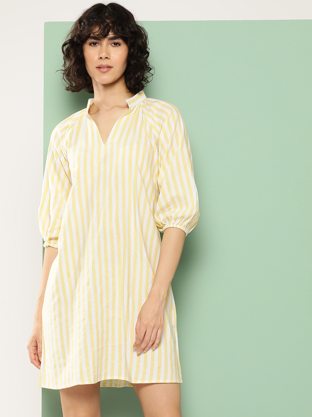 

BROOWL Striped Puff Sleeve A-Line Dress, Yellow
