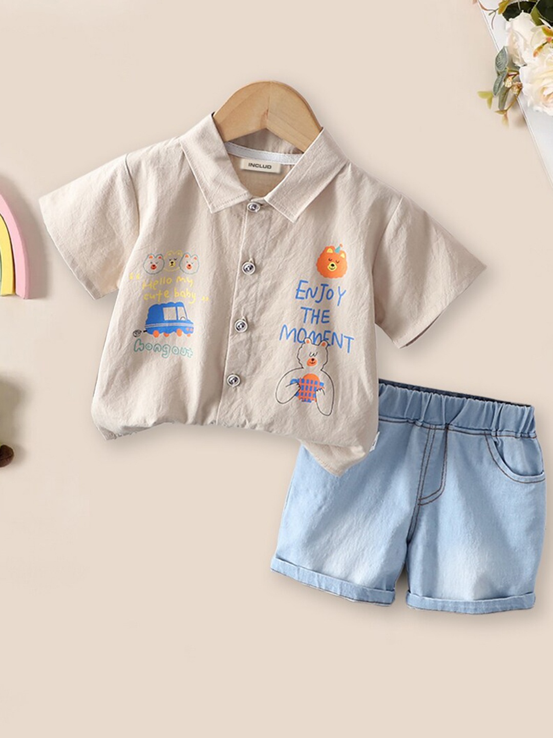 

INCLUD Boys Printed Shirt Collar Shirt with Shorts, Khaki