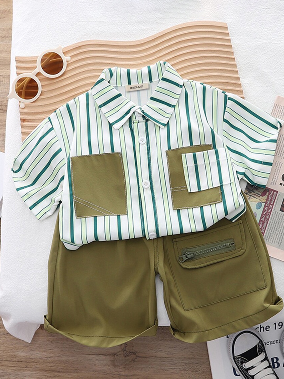 

INCLUD Boys Striped Shirt Collar Shirt with Shorts, White