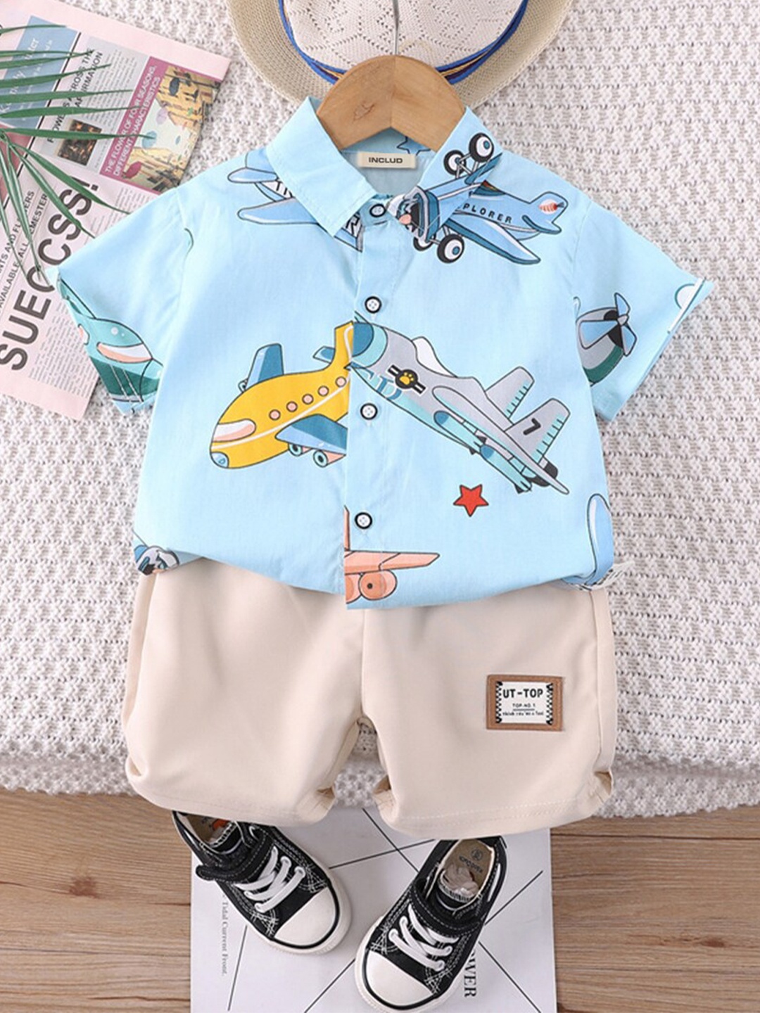 

INCLUD Boys Printed Shirt Collar Shirt with Shorts, Blue