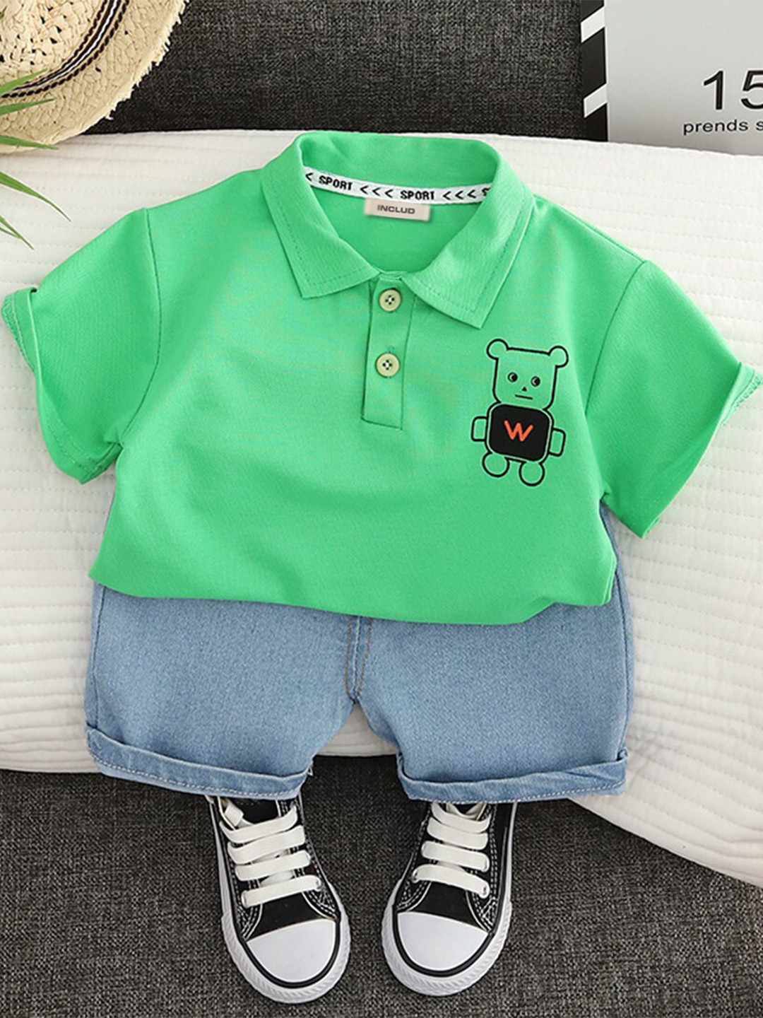 

INCLUD Boys Polo Collar T-Shirt With Denim Shorts, Green