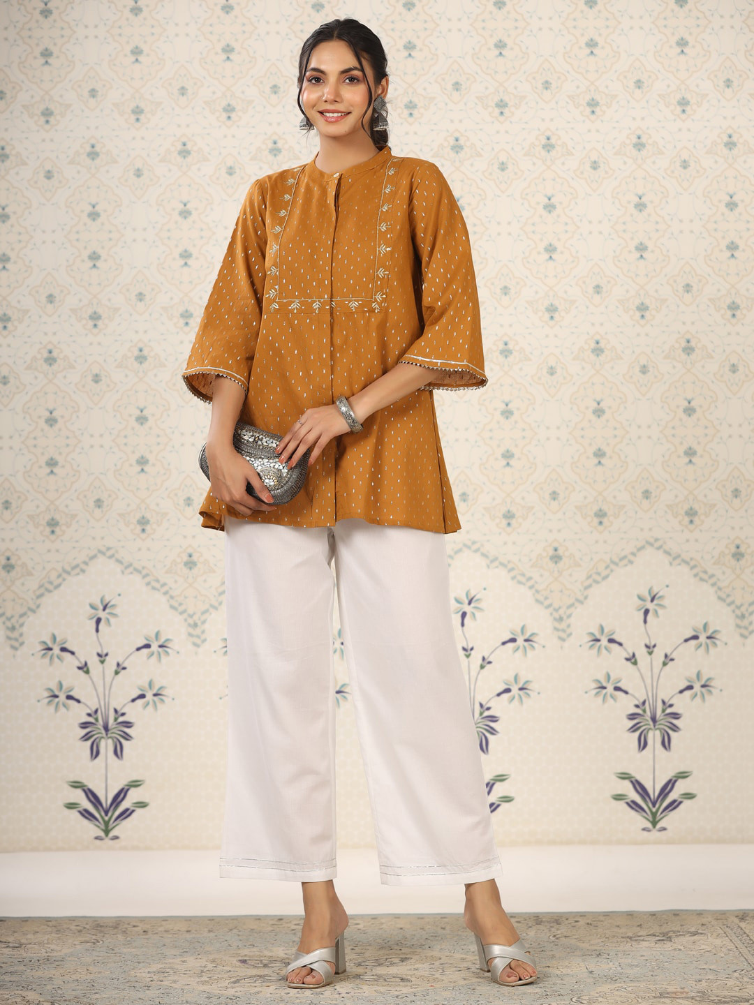 

Ode by House of Pataudi Printed Pure Cotton Tunic With Palazzos Ethnic Co-Ords, Mustard