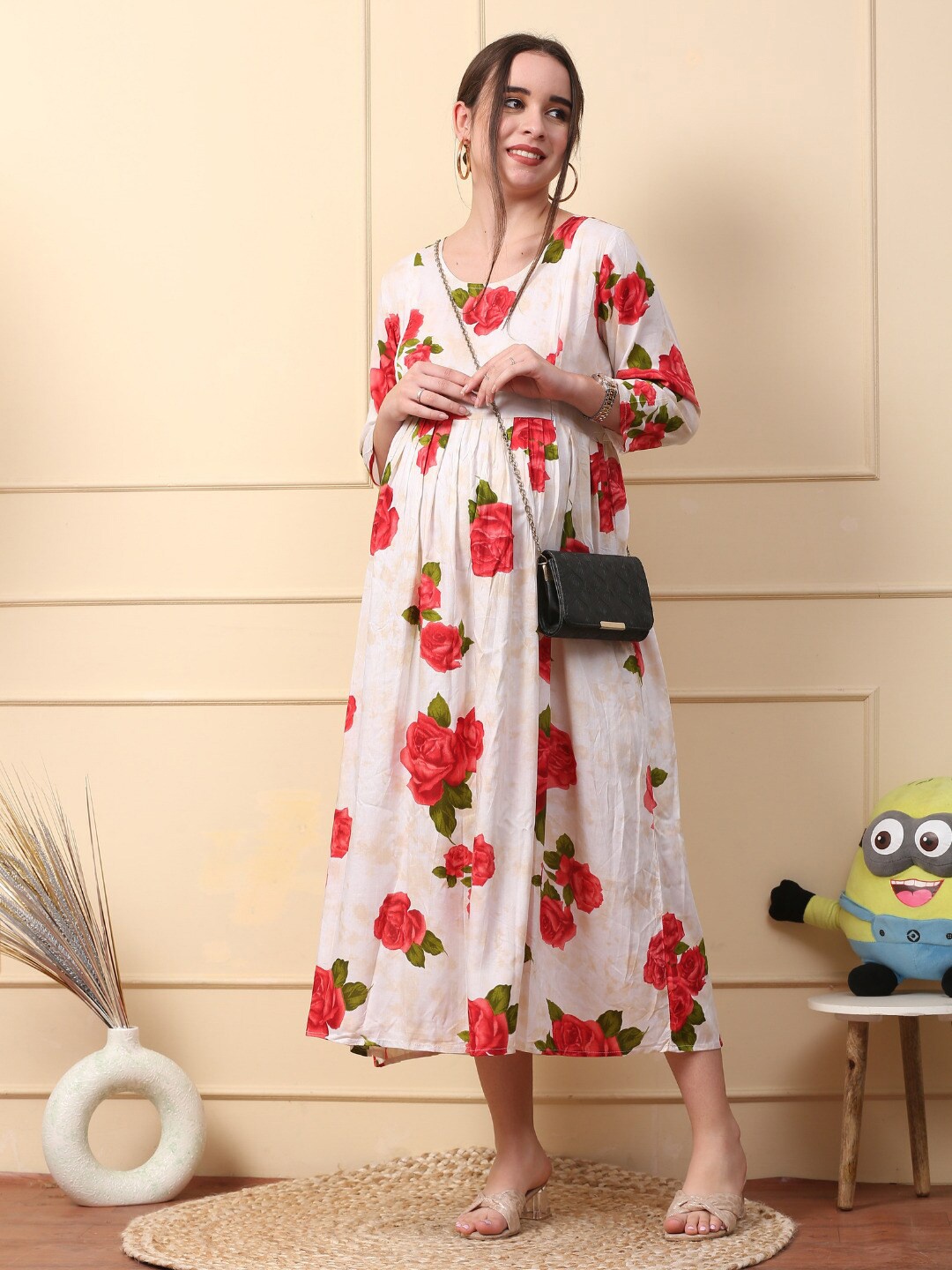 

LA FURBO Floral Printed V-Neck Flared Empire Maternity Midi Dress, White