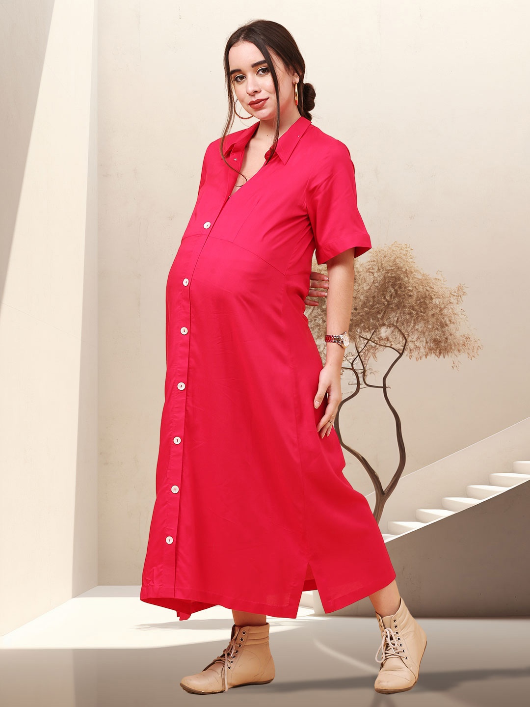 

LA FURBO Cotton Shirt Collar Flared Shirt Maternity Dress, Pink