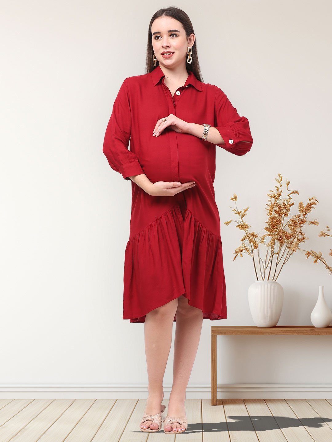 

LA FURBO Shirt Collar Flared Shirt Maternity Dress, Red