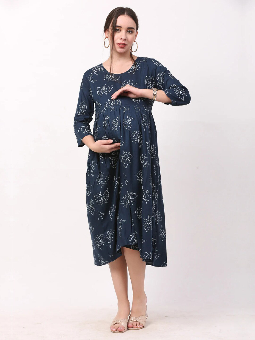 

LA FURBO Floral Printed Empire Flared Maternity Midi Dress, Blue