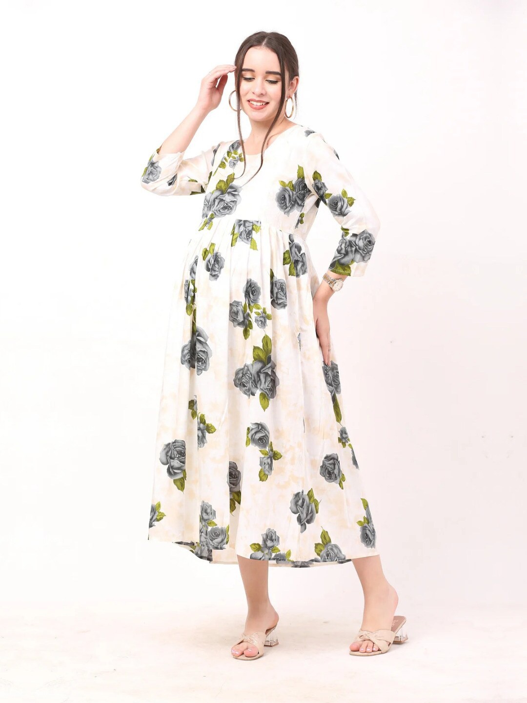 

LA FURBO Floral Printed Flared A-Line Midi Maternity Dress, White