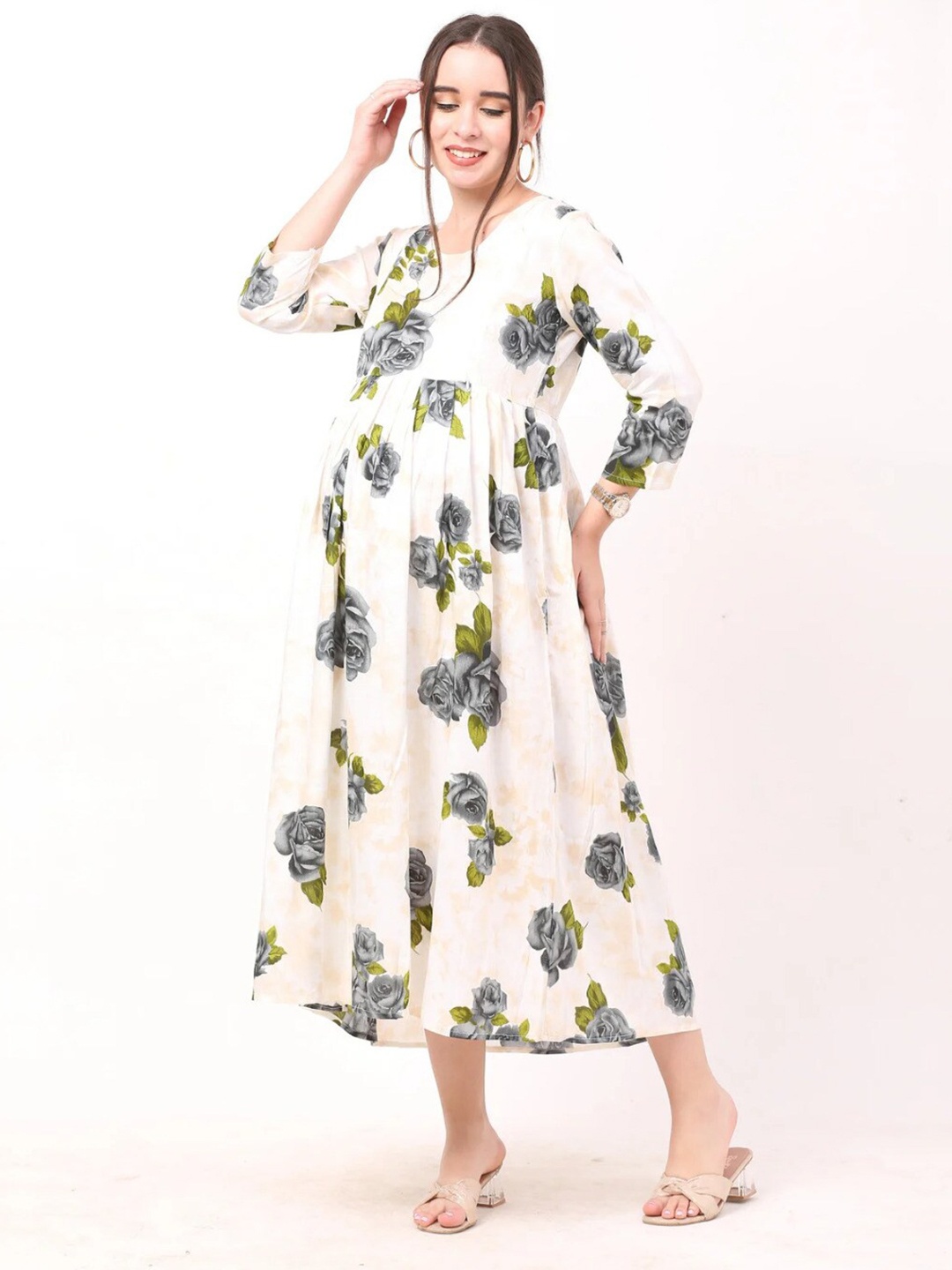 

LA FURBO Floral Printed V-Neck Flared A-Line Midi Maternity Dress, White