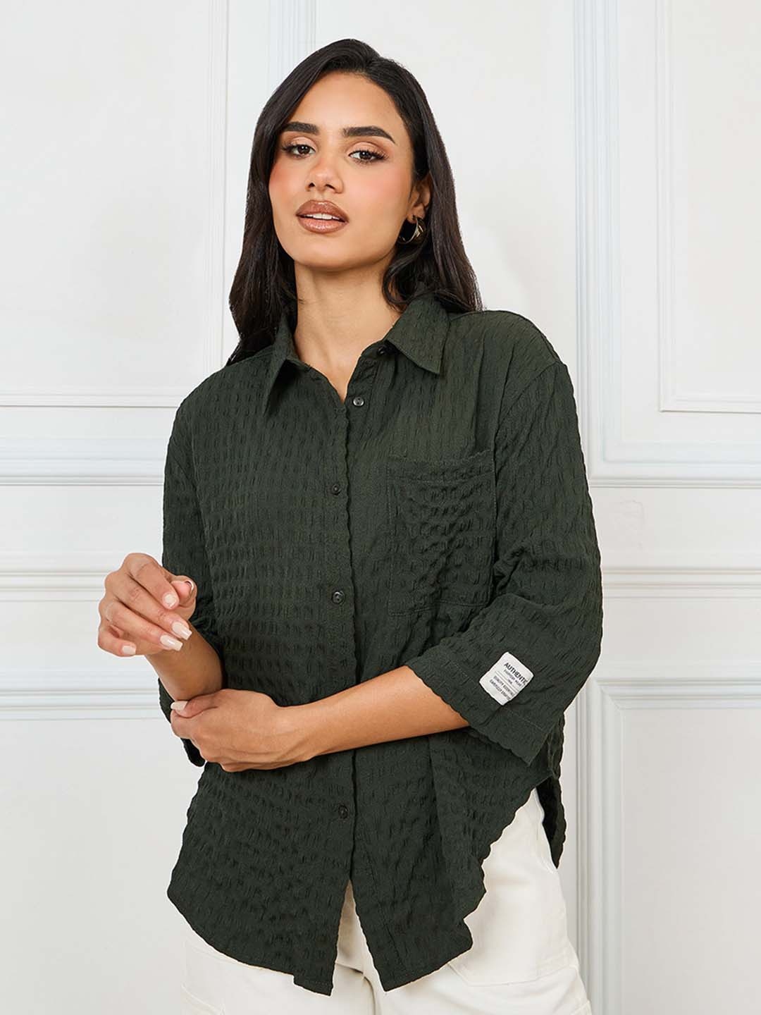 

Styli Oversized Textured Shirt, Green