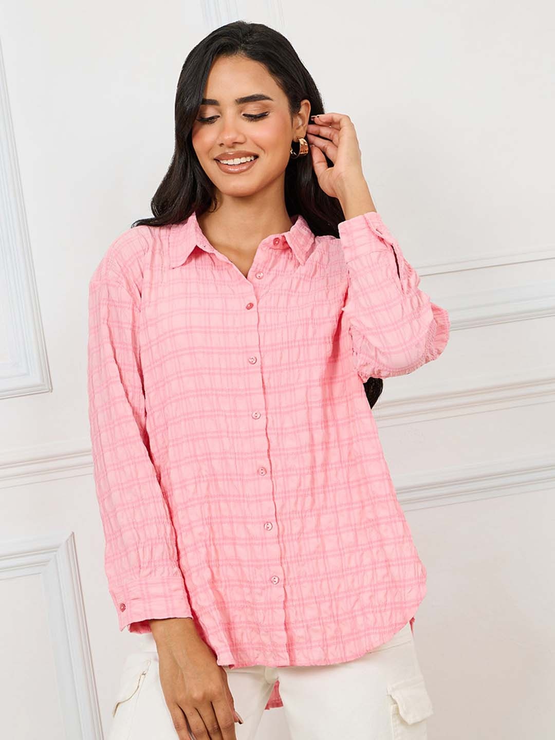 Styli Oversized Shirred Checkered Longline Shirt, Peach