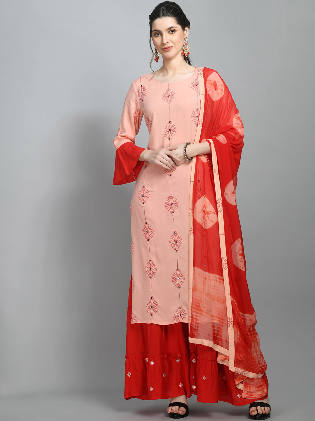 

DOISA Paisley Printed Zari Layered Bell Sleeves Pathani Kurta with Sharara & Dupatta, Cream
