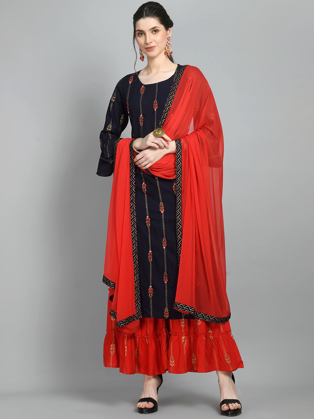 

DOISA Floral Printed Regular Round Neck Straight Kurta with Sharara & Dupatta, Navy blue