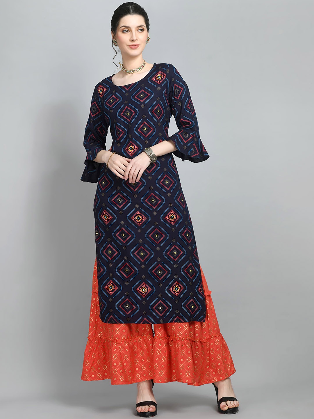 

DOISA Bandhani Printed Round Neck Bell Sleeves Straight Kurta with Sharara & Dupatta, Navy blue