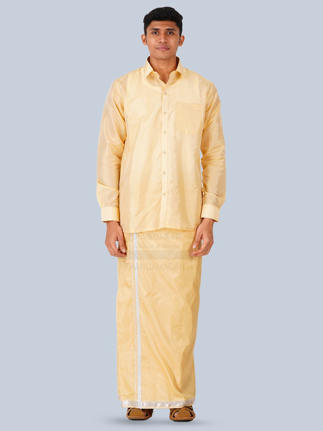 

THANGAMAGAN Standard Long Sleeves Spread Collar Opaque Ethnic Shirt, Yellow
