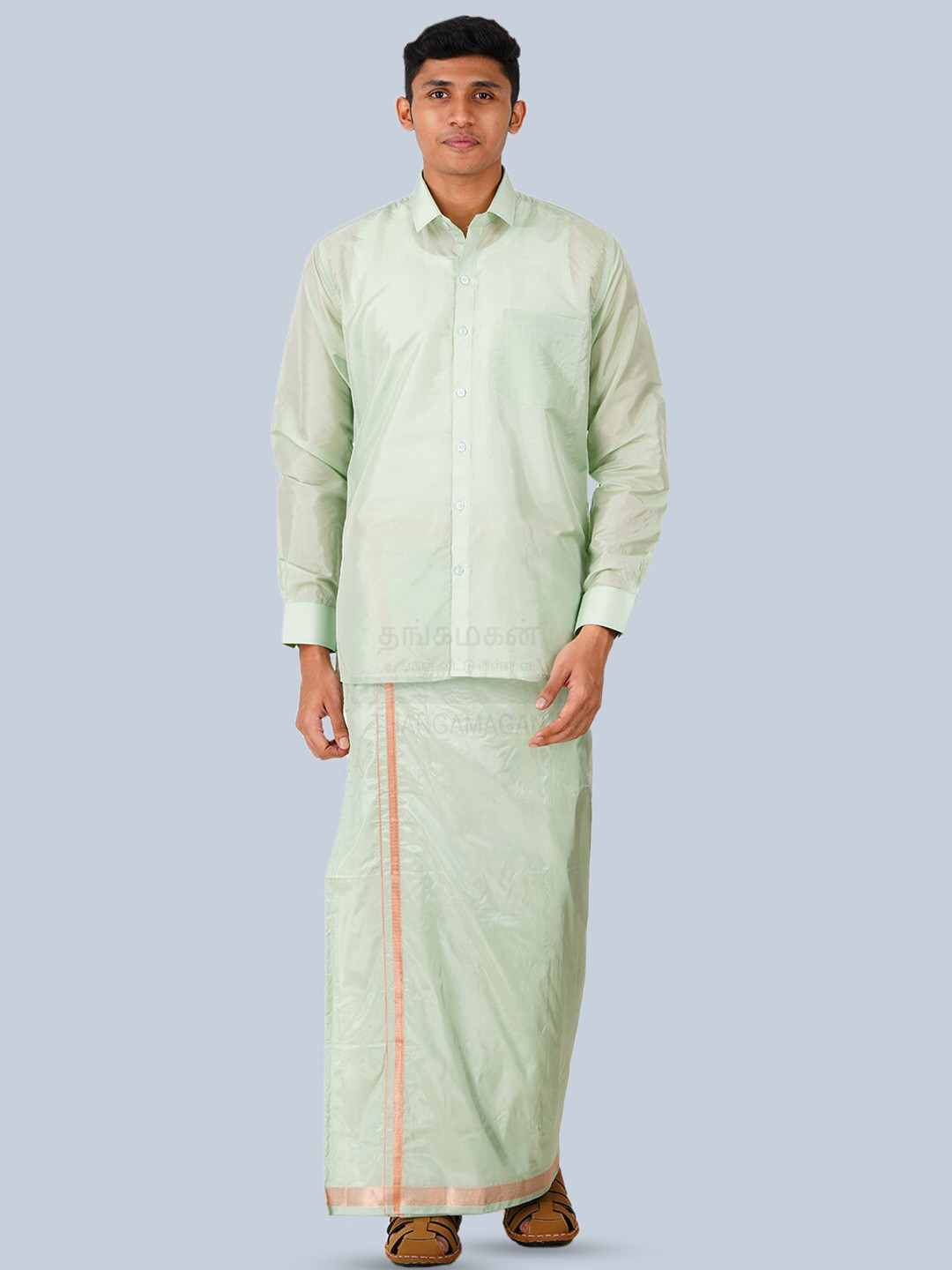

THANGAMAGAN Standard Long Sleeves Spread Collar Opaque Ethnic Shirt, Green