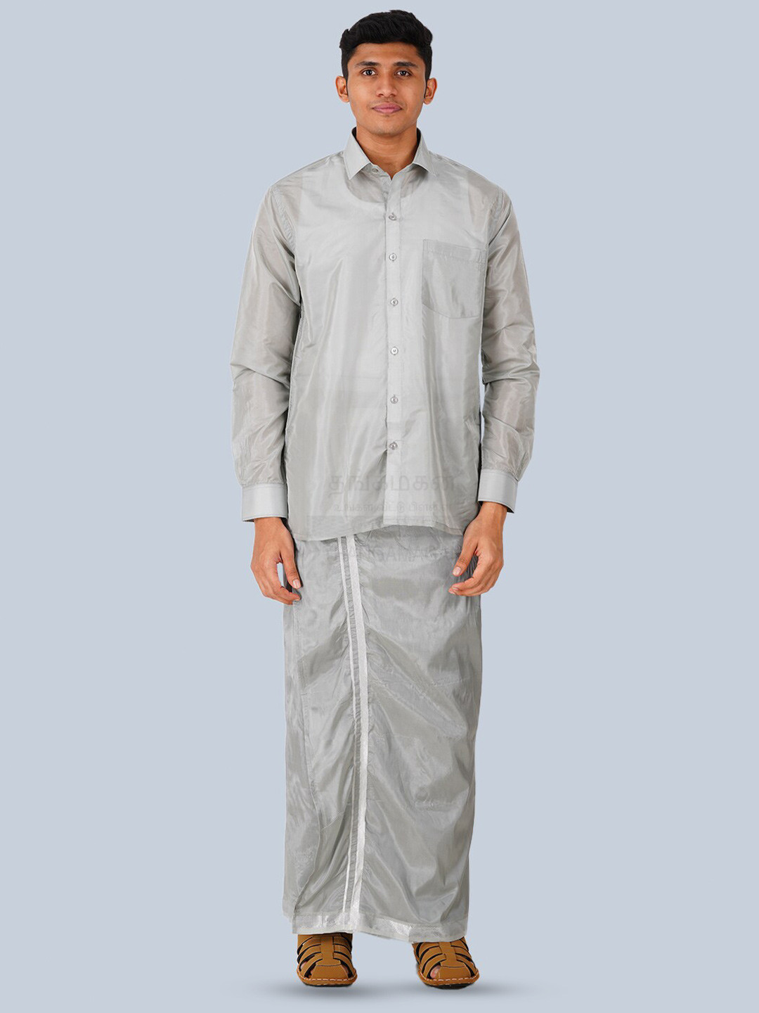 

THANGAMAGAN Standard Long Sleeves Spread Collar Opaque Ethnic Shirt, Grey
