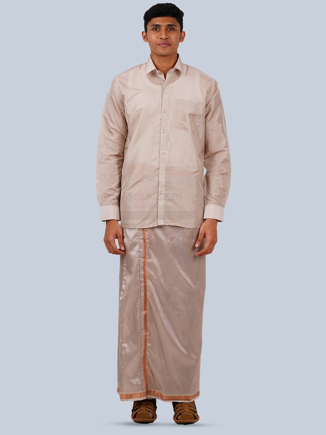 

THANGAMAGAN Standard Long Sleeves Spread Collar Opaque Ethnic Shirt, Beige