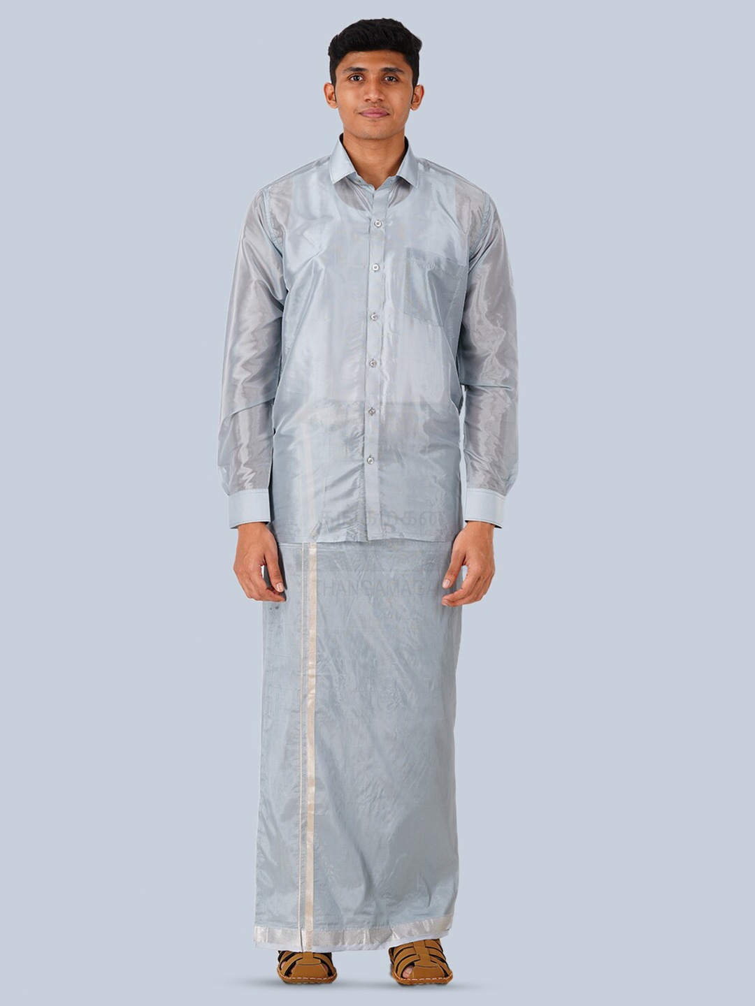 

THANGAMAGAN Standard Long Sleeves Spread Collar Opaque Ethnic Shirt, Grey