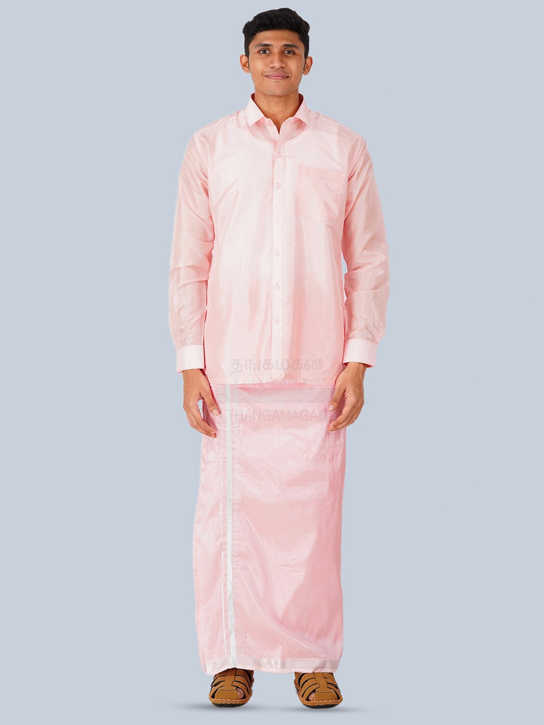 

THANGAMAGAN Standard Long Sleeves Spread Collar Opaque Ethnic Shirt, Pink