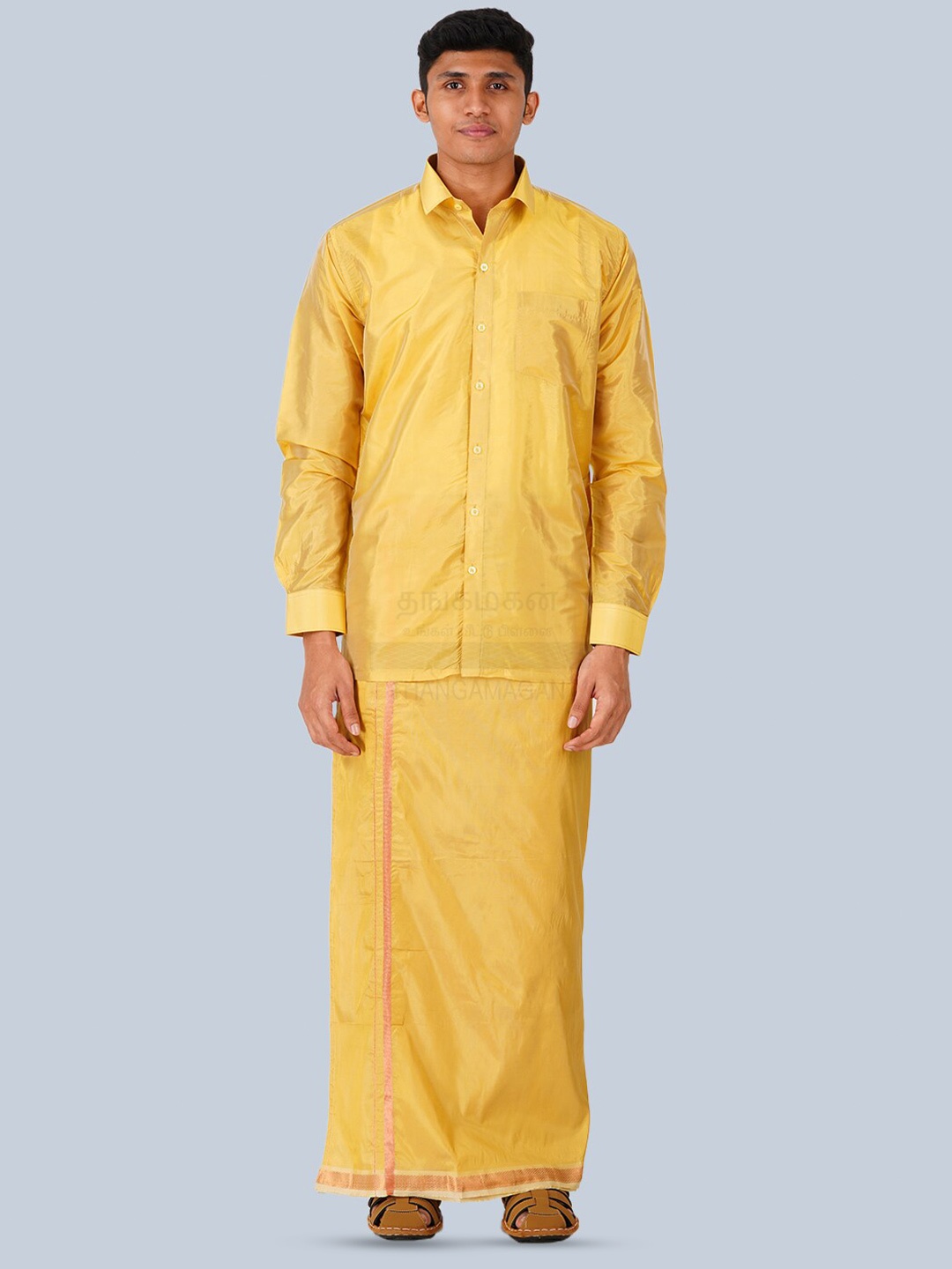 

THANGAMAGAN Standard Long Sleeves Spread Collar Opaque Ethnic Shirt, Mustard