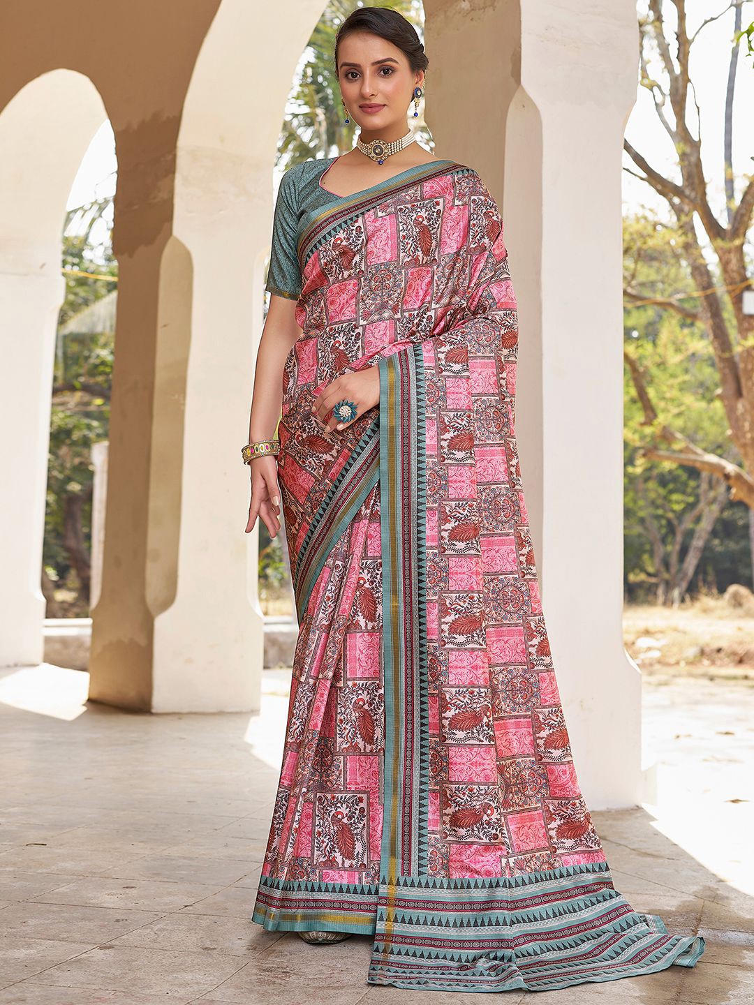 

Mitera Pink & White Abstract Printed Chanderi Ready To Wear Saree