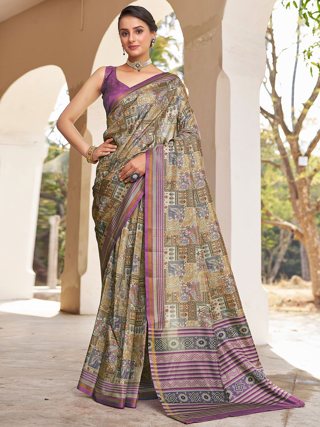 

Mitera Mustard & Purple Floral Zari Chanderi Ready To Wear Saree