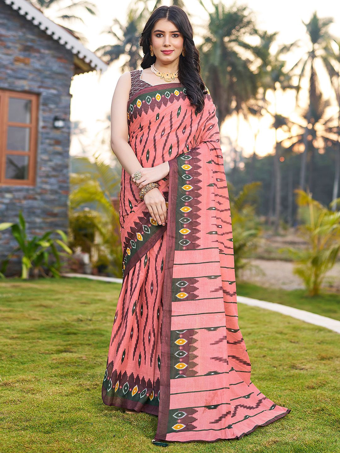 

Mitera Peach & Yellow Geometric Printed Ikat Ready To Wear Saree