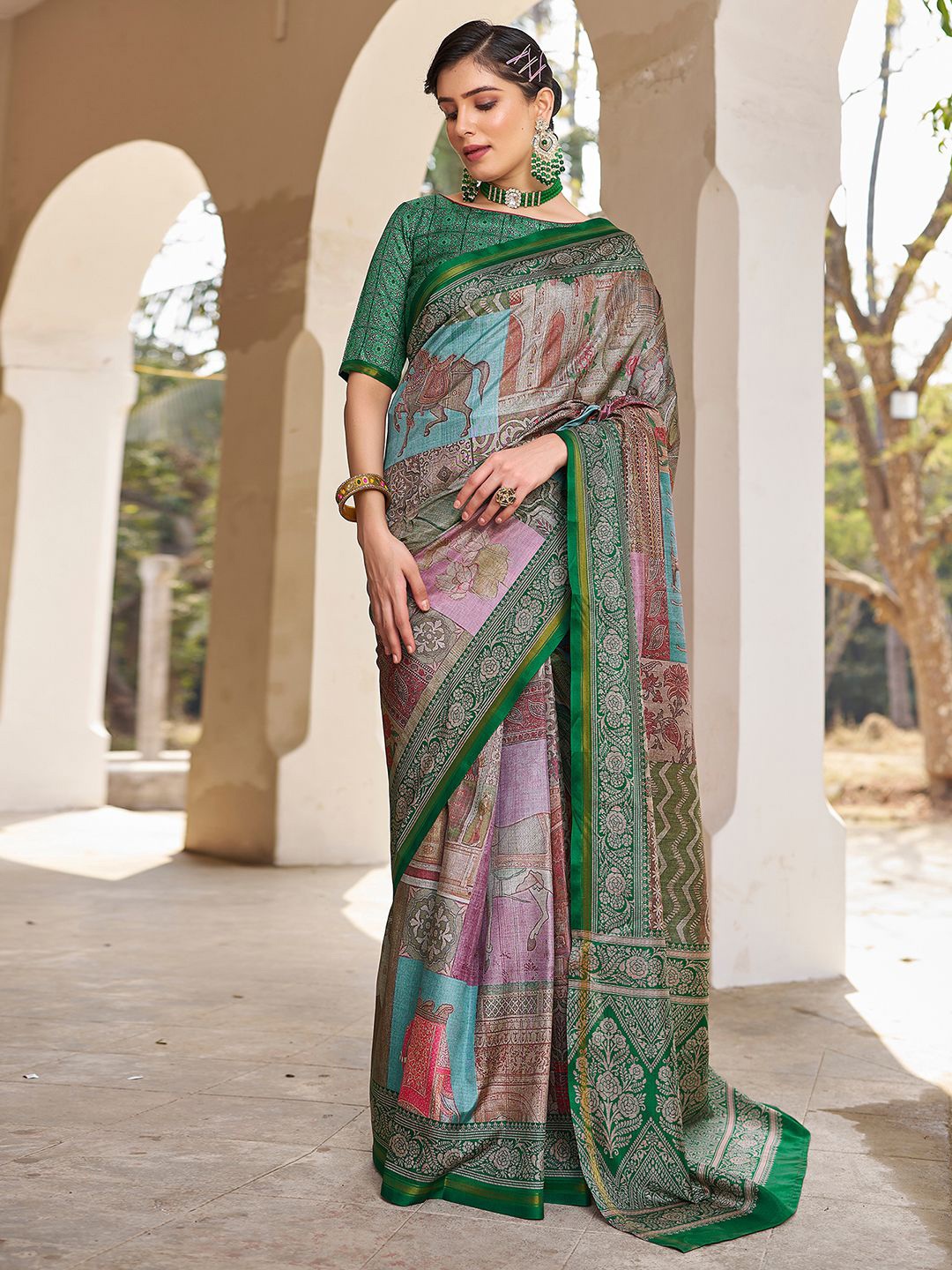 

Mitera Green & Purple Abstract Printed Zari Chanderi Ready To Wear Saree