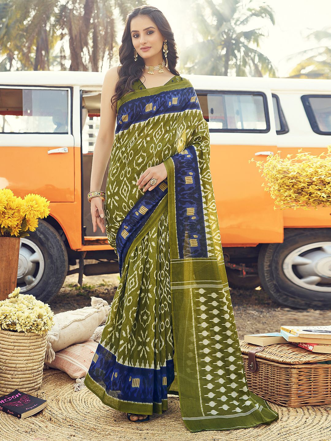 

Mitera Olive Green & White Printed Printed Ikat Ready To Wear Saree