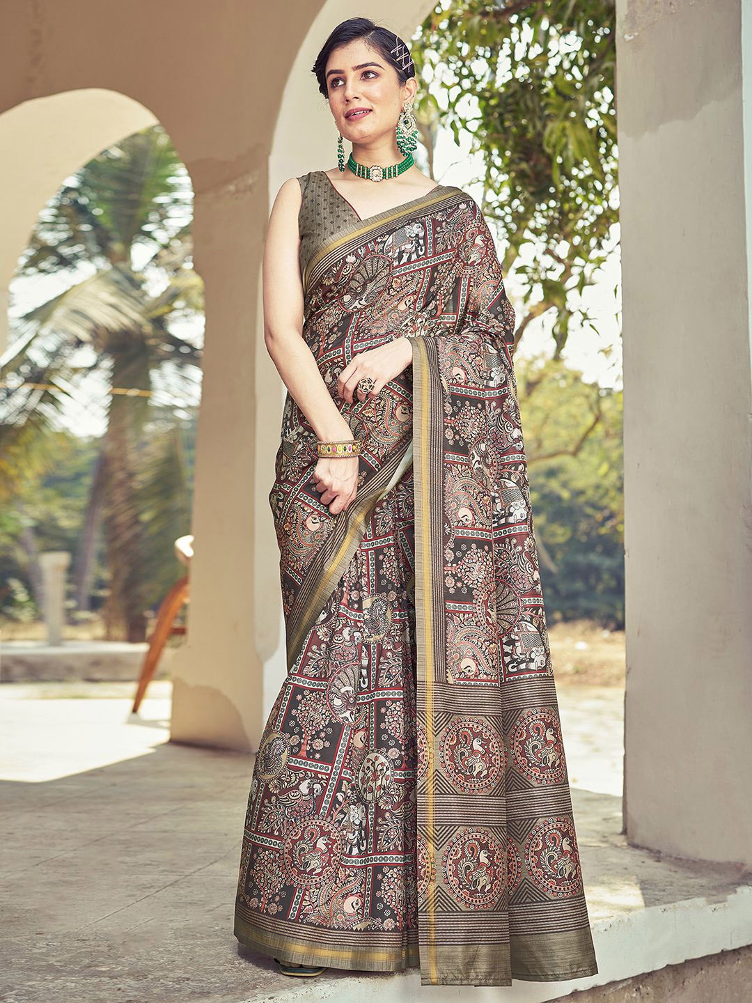 

Mitera Brown & White Ethnic Motifs Printed Zari Chanderi Ready To Wear Saree