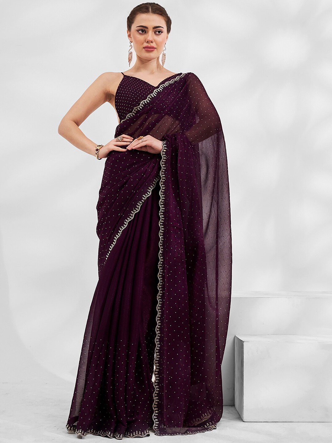 

Mitera Purple & Silver toned Polka Dot Beads and Stones Ikat Saree