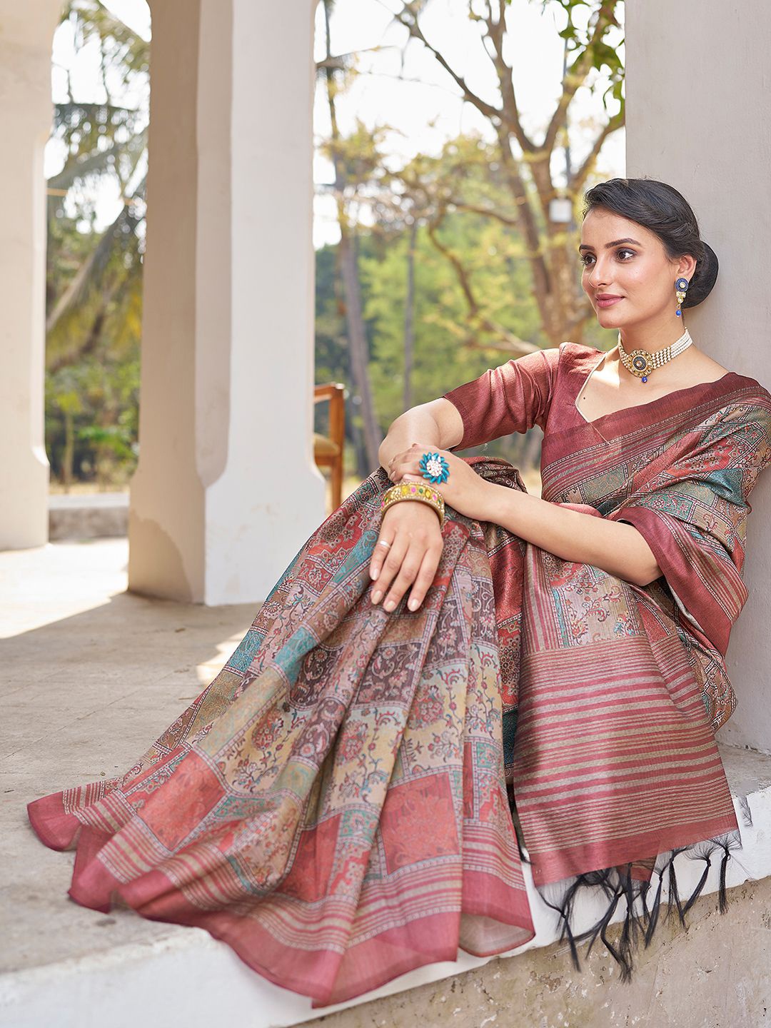 

Mitera Rust & Blue Floral Printed Chanderi Ready To Wear Saree