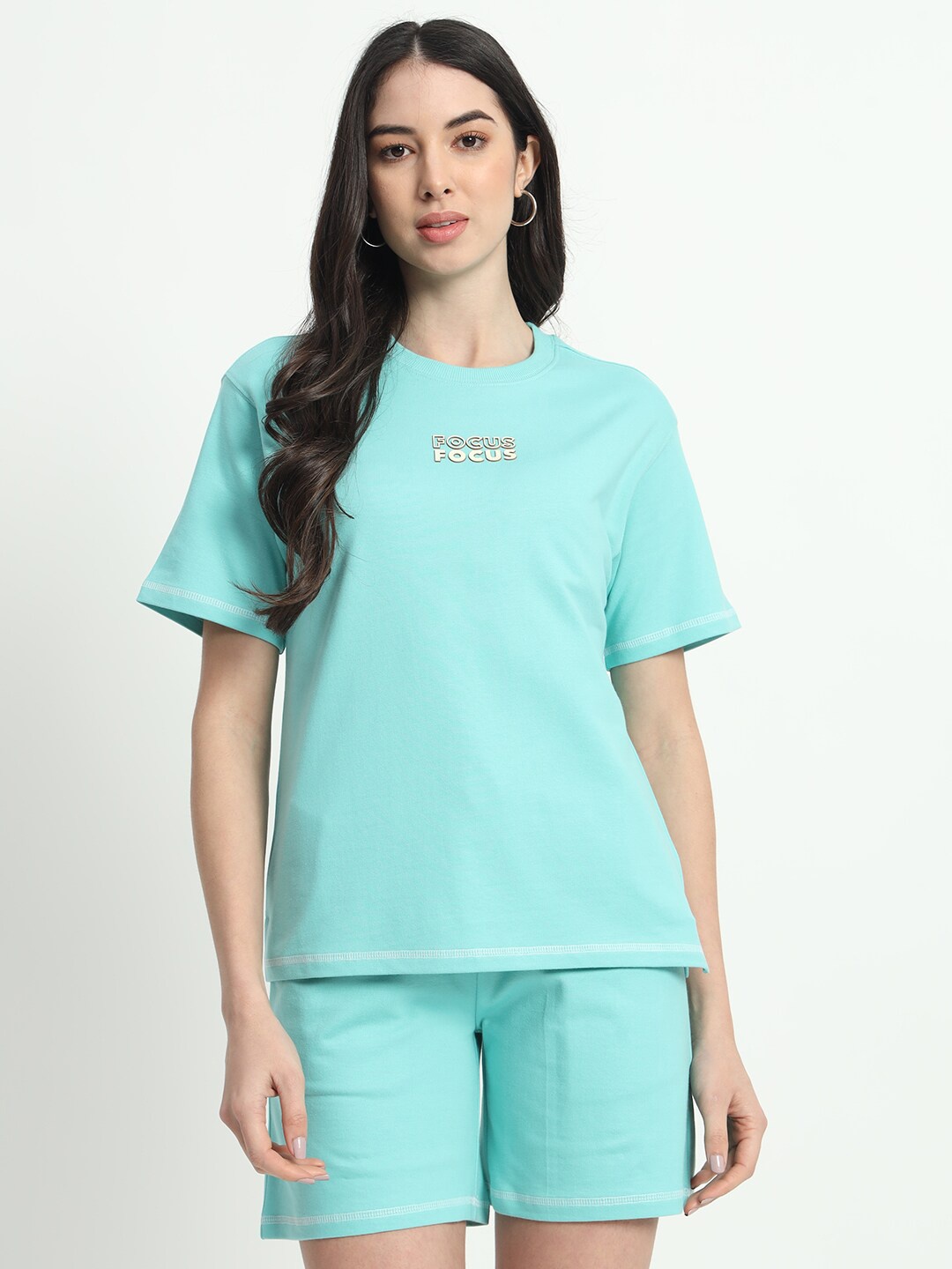 

VividArtsy Focus Printed Pure Cotton T-shirt With Shorts Co-Ords, Blue