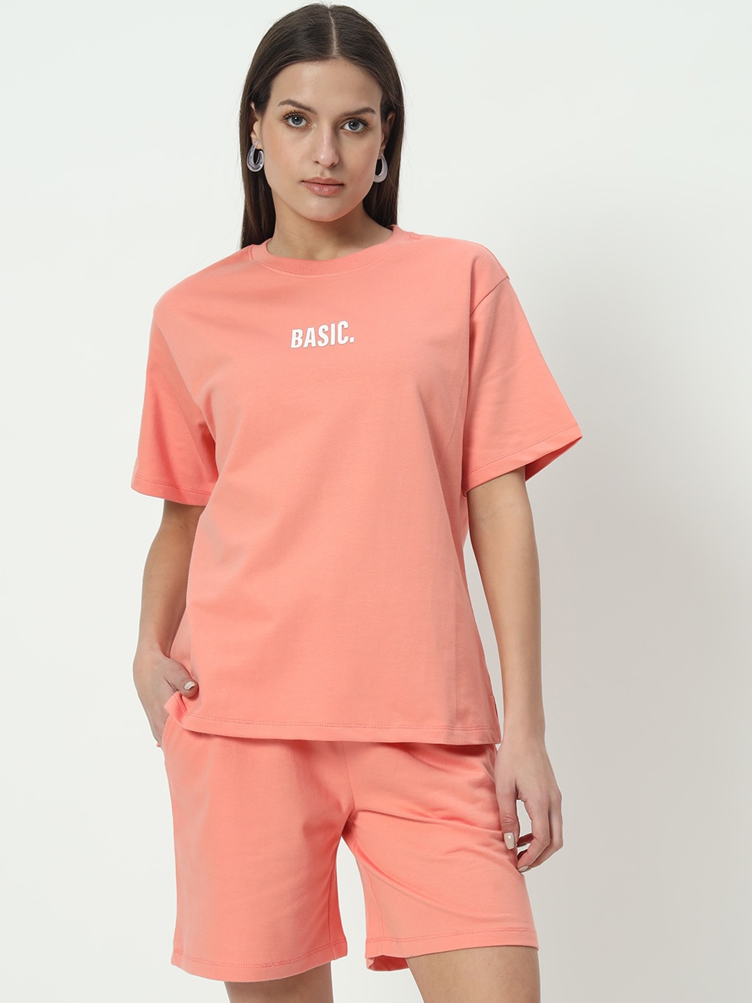 

VividArtsy Round Neck Pure Cotton T-Shirt With Shorts, Peach