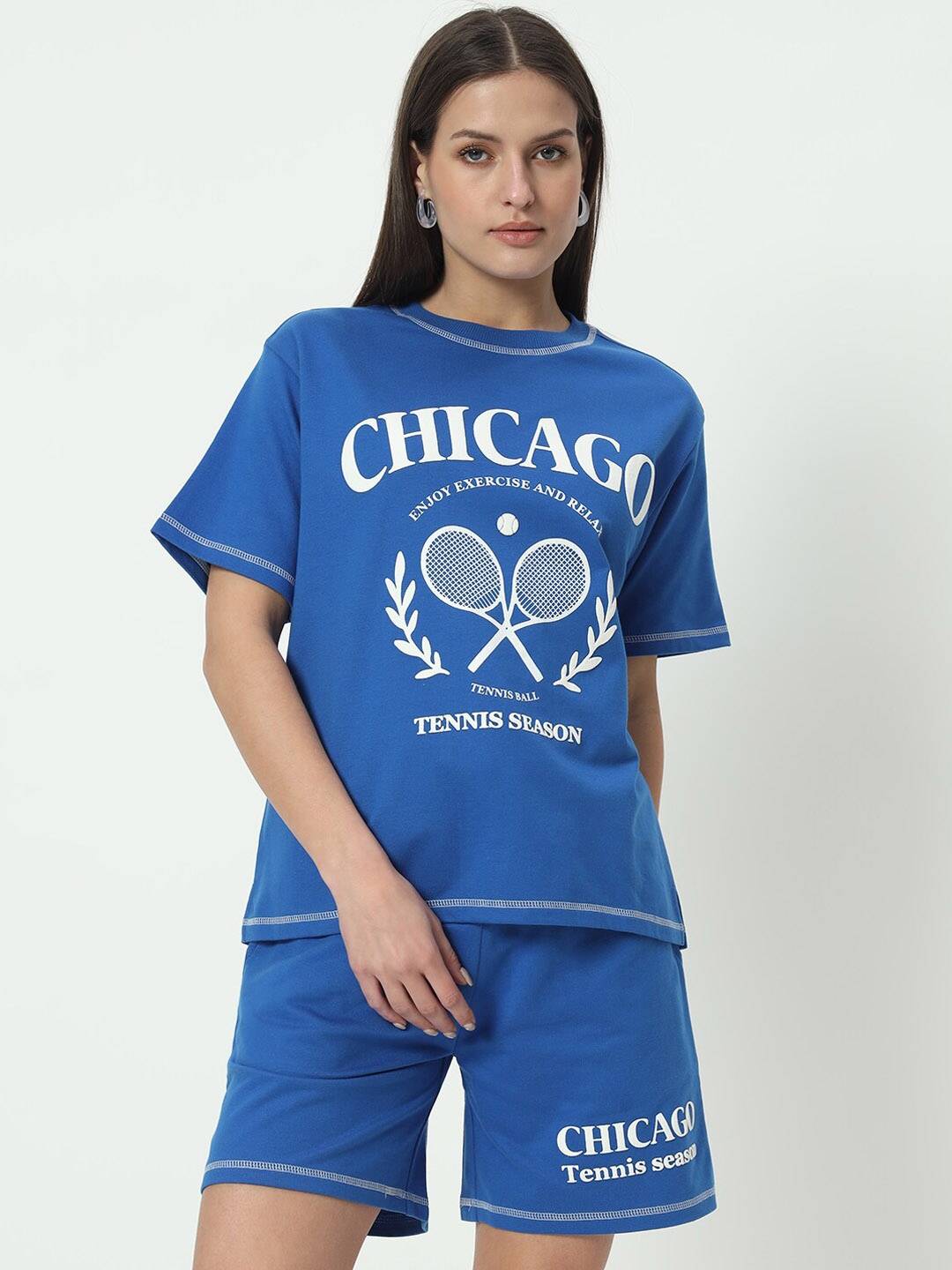 

VividArtsy Printed Pure Cotton Round Neck T-Shirt & Flared Shorts Co-Ords, Blue