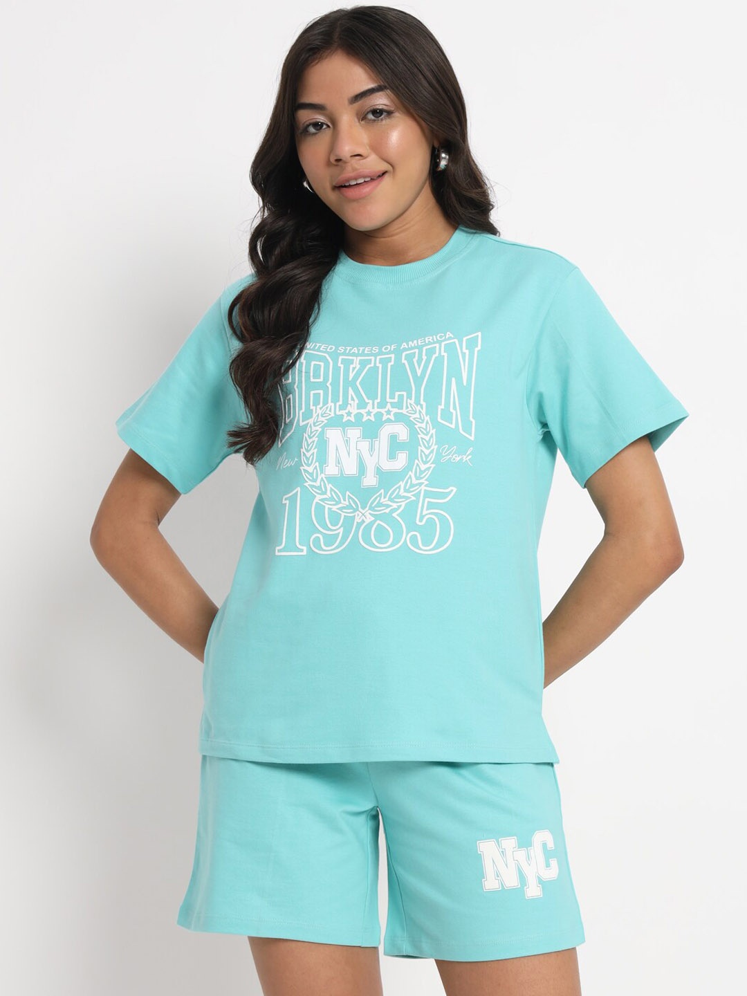 

VividArtsy Typography Printed Pure Cotton T-Shirt With Shorts, Blue
