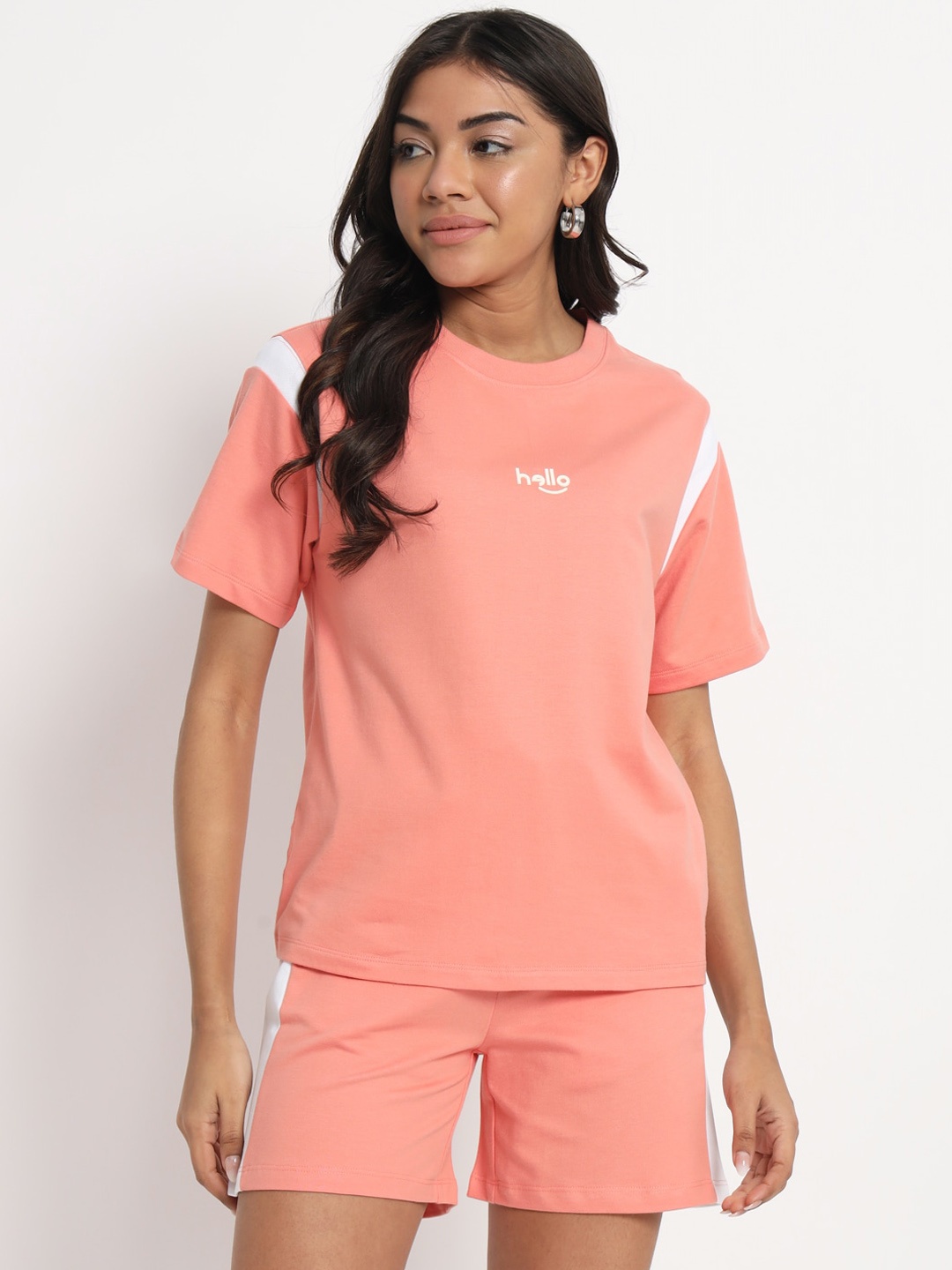 

VividArtsy Colorblocked Pure Cotton T-shirt With Shorts Co-Ords, Peach