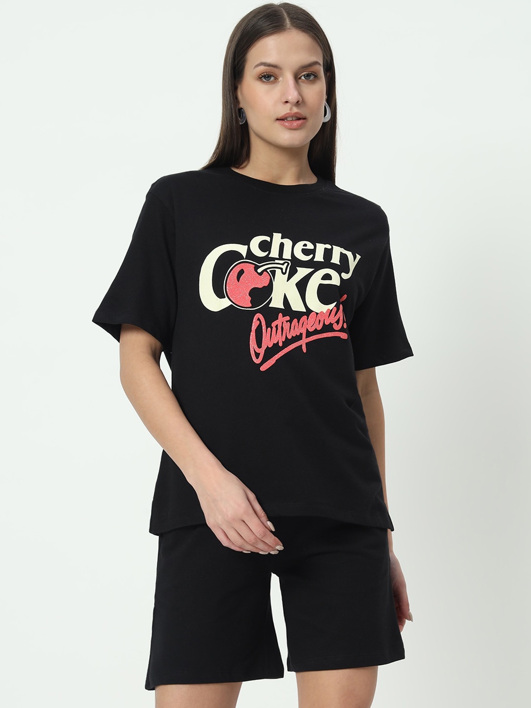 

VividArtsy Typography Printed Pure Cotton T-Shirt With Shorts, Black