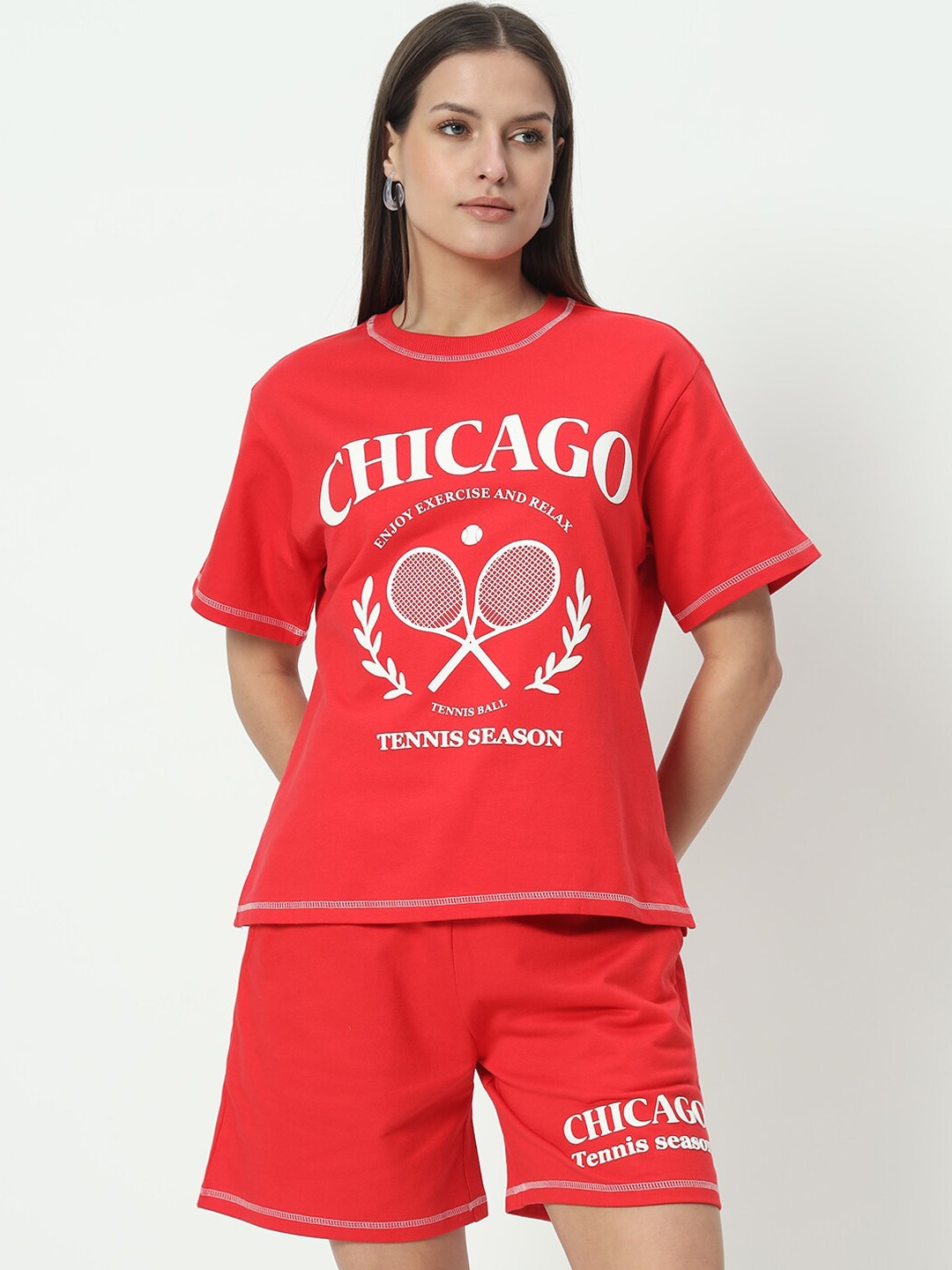 

VividArtsy Chicago Printed Pure Cotton T-Shirt With Shorts Co-Ords, Red
