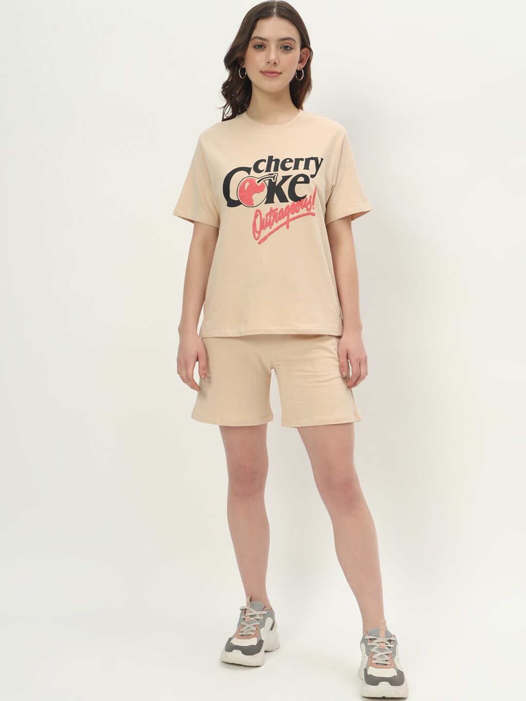 

VividArtsy Printed Pure Cotton T-Shirt With Shorts, Beige