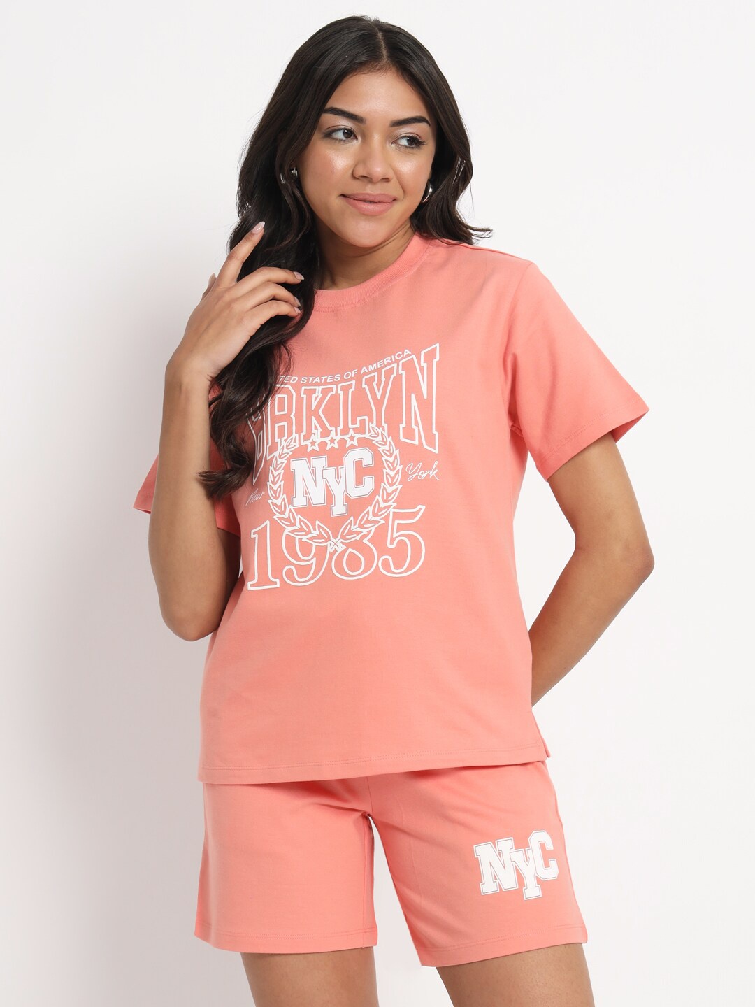 

VividArtsy Typography Printed Pure Cotton T-Shirt With Shorts, Peach