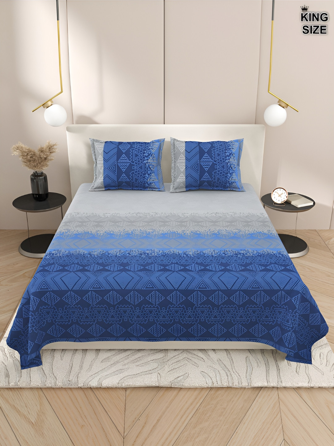 

DREAM WEAVERZ Blue & Grey Geometric Cotton 220 TC King Bedsheet With 2 Pillow Covers