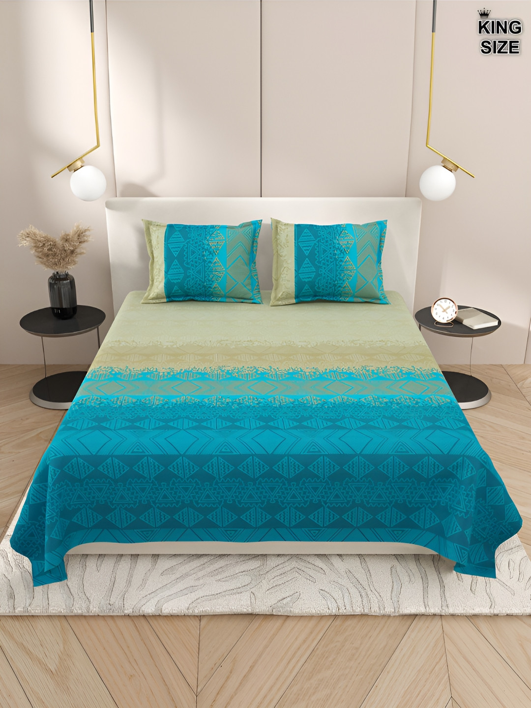 

DREAM WEAVERZ Cream & Blue Geometric Cotton 220 TC King Bedsheet With 2 Pillow Covers, Green