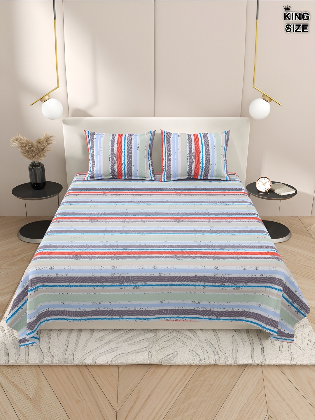DREAM WEAVERZ Blue & White Striped Cotton 220 TC Super King Bedsheet With 2 Pillow Covers