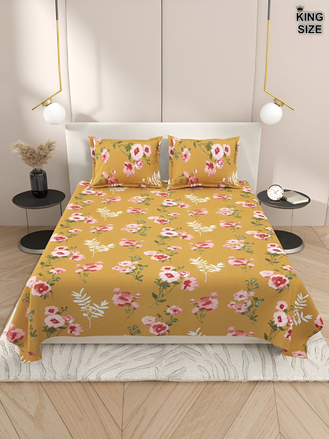 

DREAM WEAVERZ Mustard & Pink Ethnic Motif Cotton 220 TC King Bedsheet With 2 Pillow Covers, Yellow